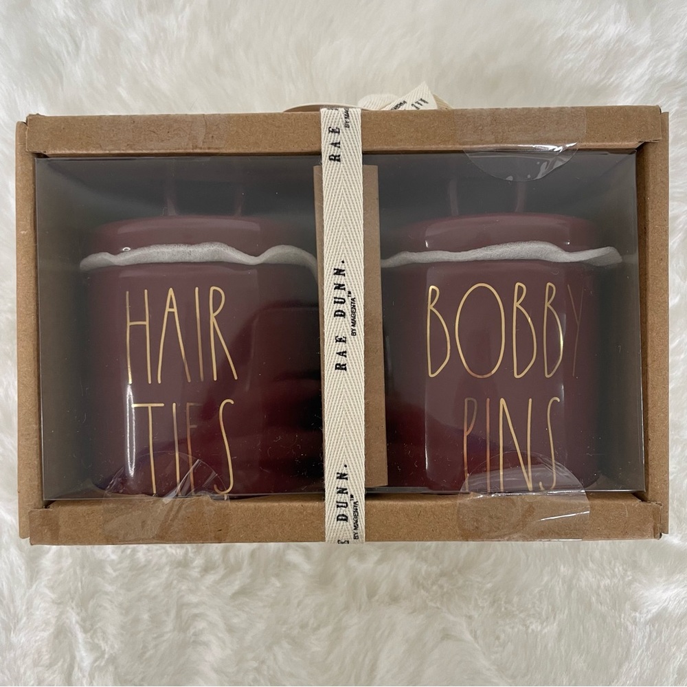 RAE DUNN “Hair Ties and Bobby Pins” Mini canister set with looped lids NIB